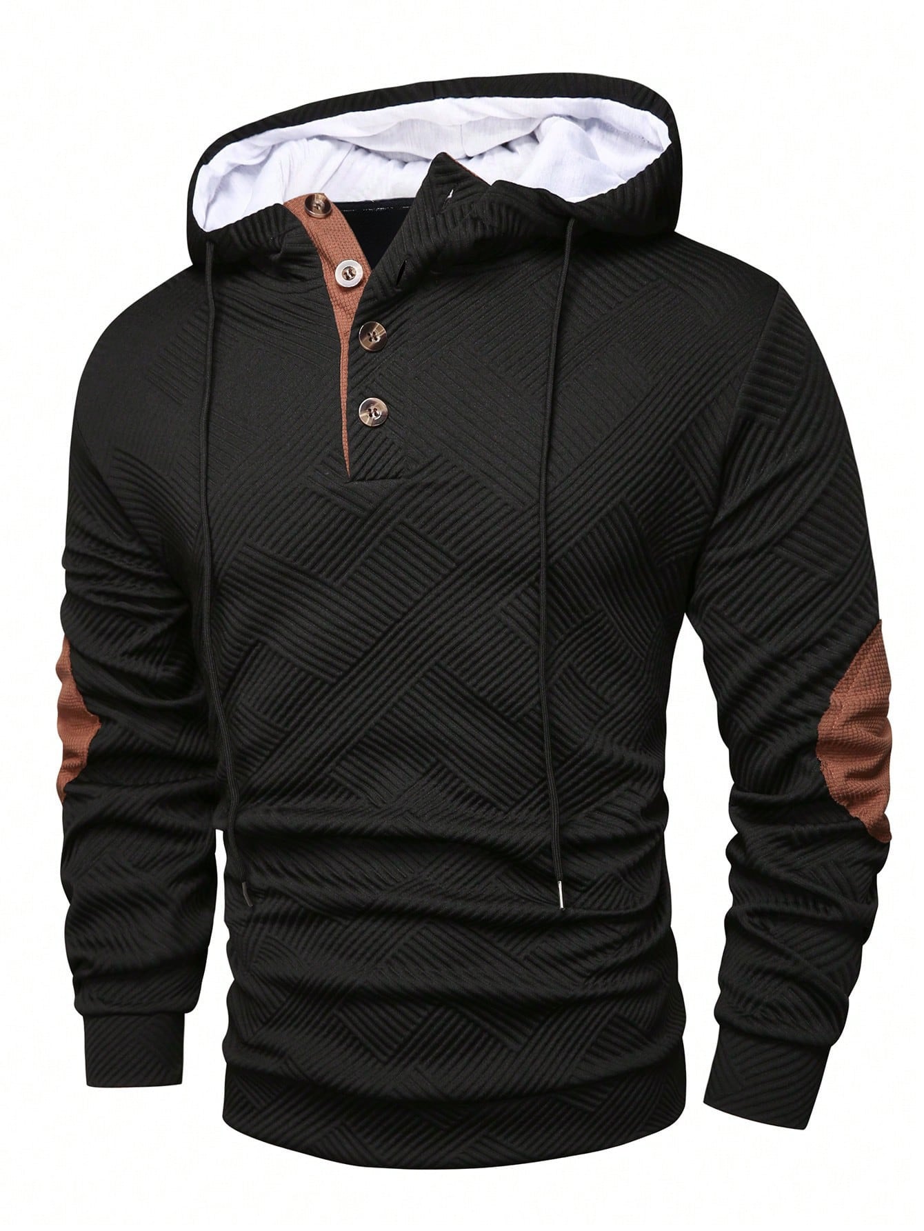 Black button-placket hoodie with elbow patches, front view