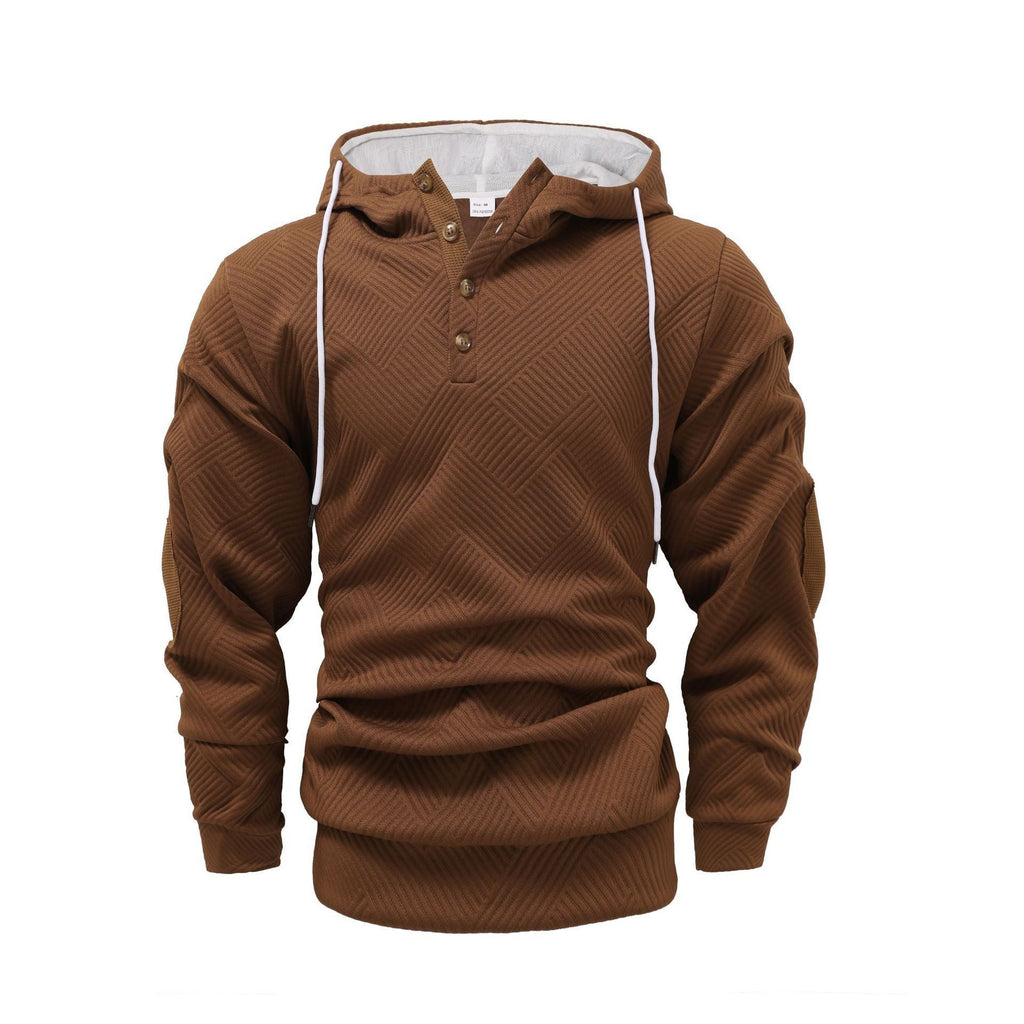 Brown button-placket hoodie with elbow patches, front view