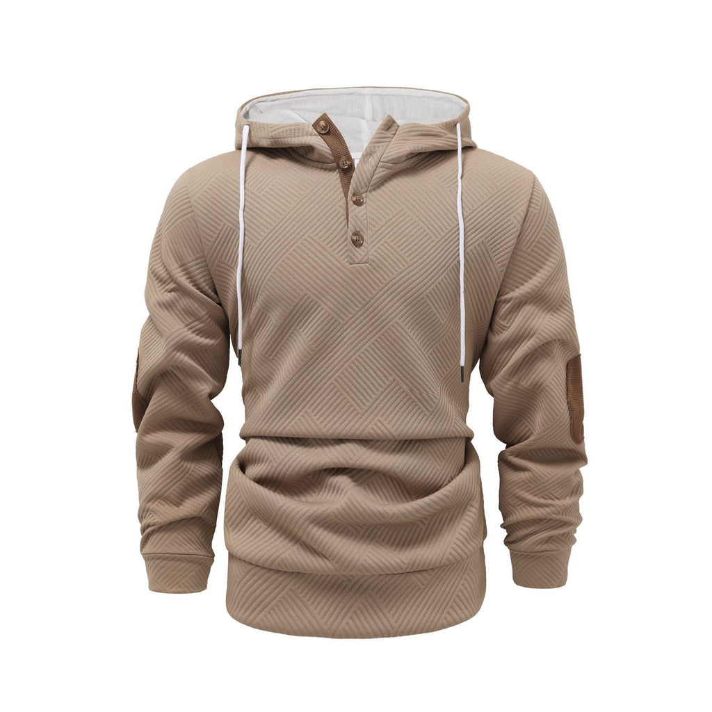 Tan button-placket hoodie with elbow patches, front view