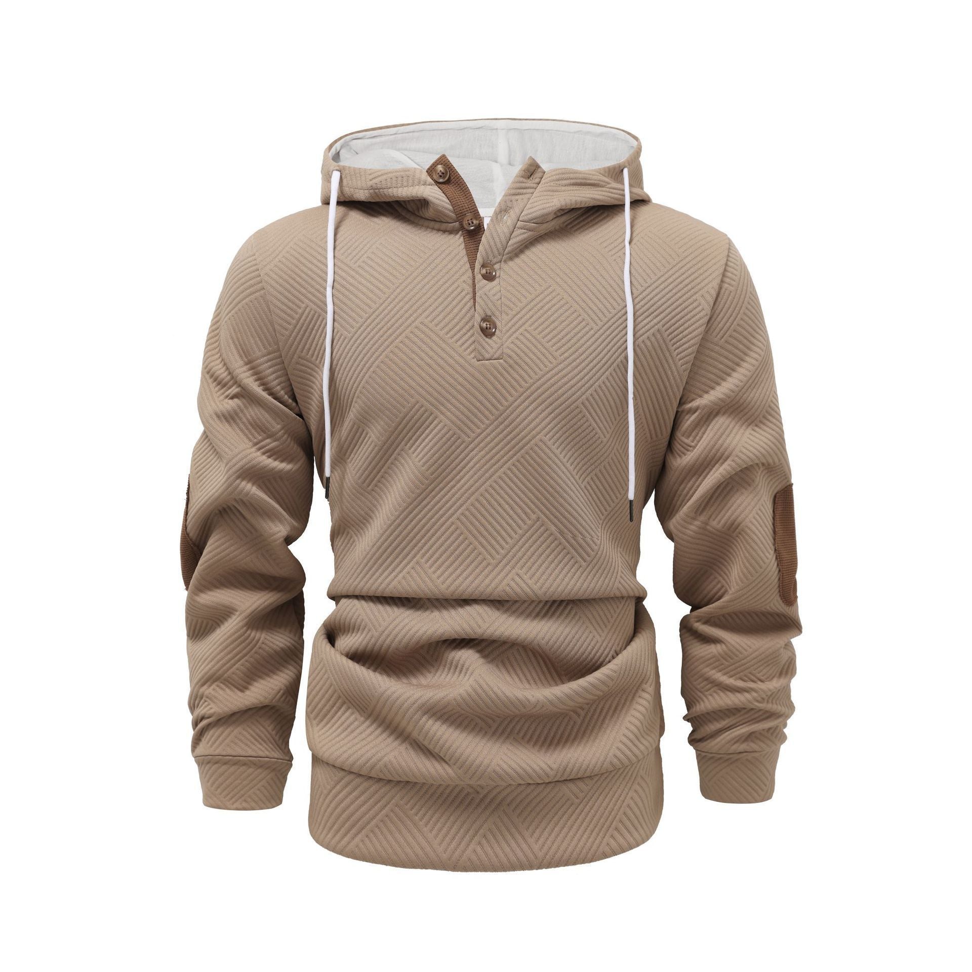 Tan button-placket hoodie with elbow patches, front view