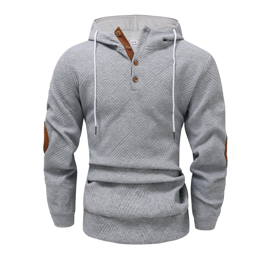 Gray button-placket hoodie with elbow patches, back view