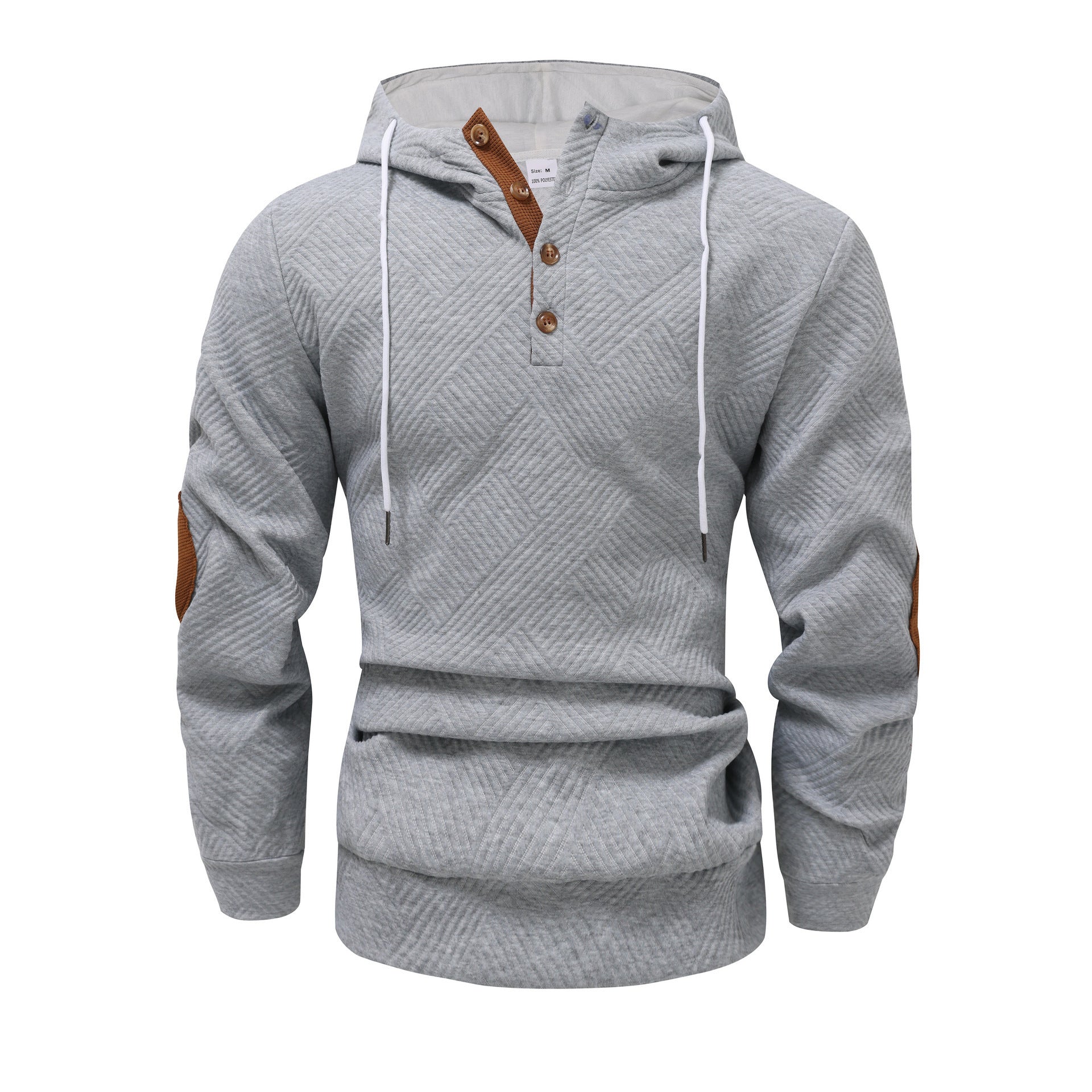 Gray button-placket hoodie with elbow patches, back view