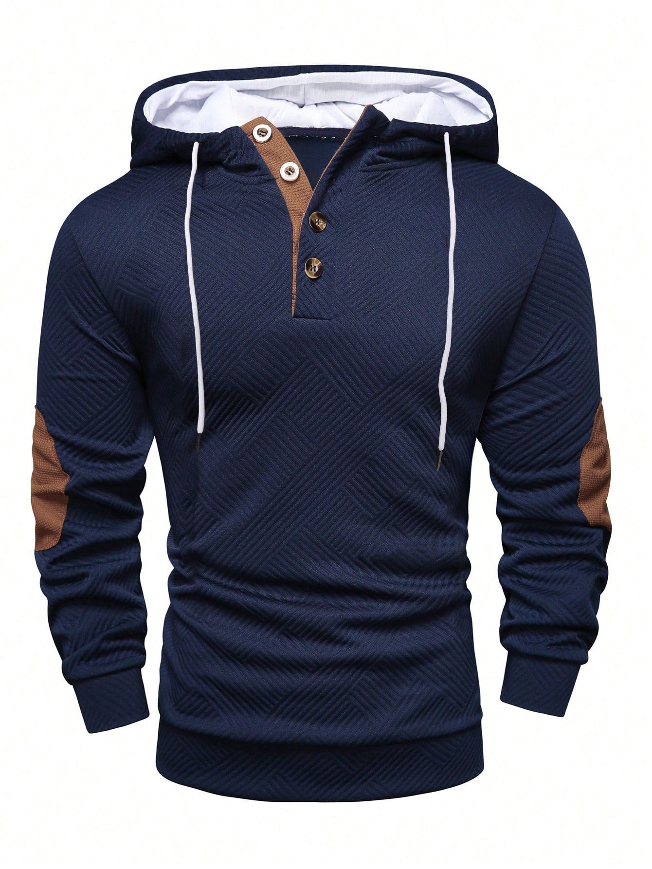 Navy button-placket hoodie with elbow patches, back view
