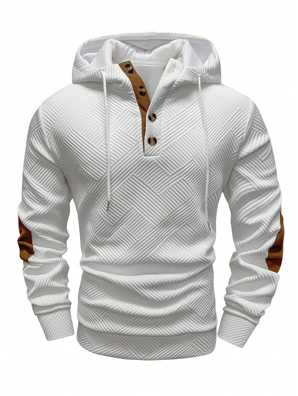 White button-placket hoodie with elbow patches, front view