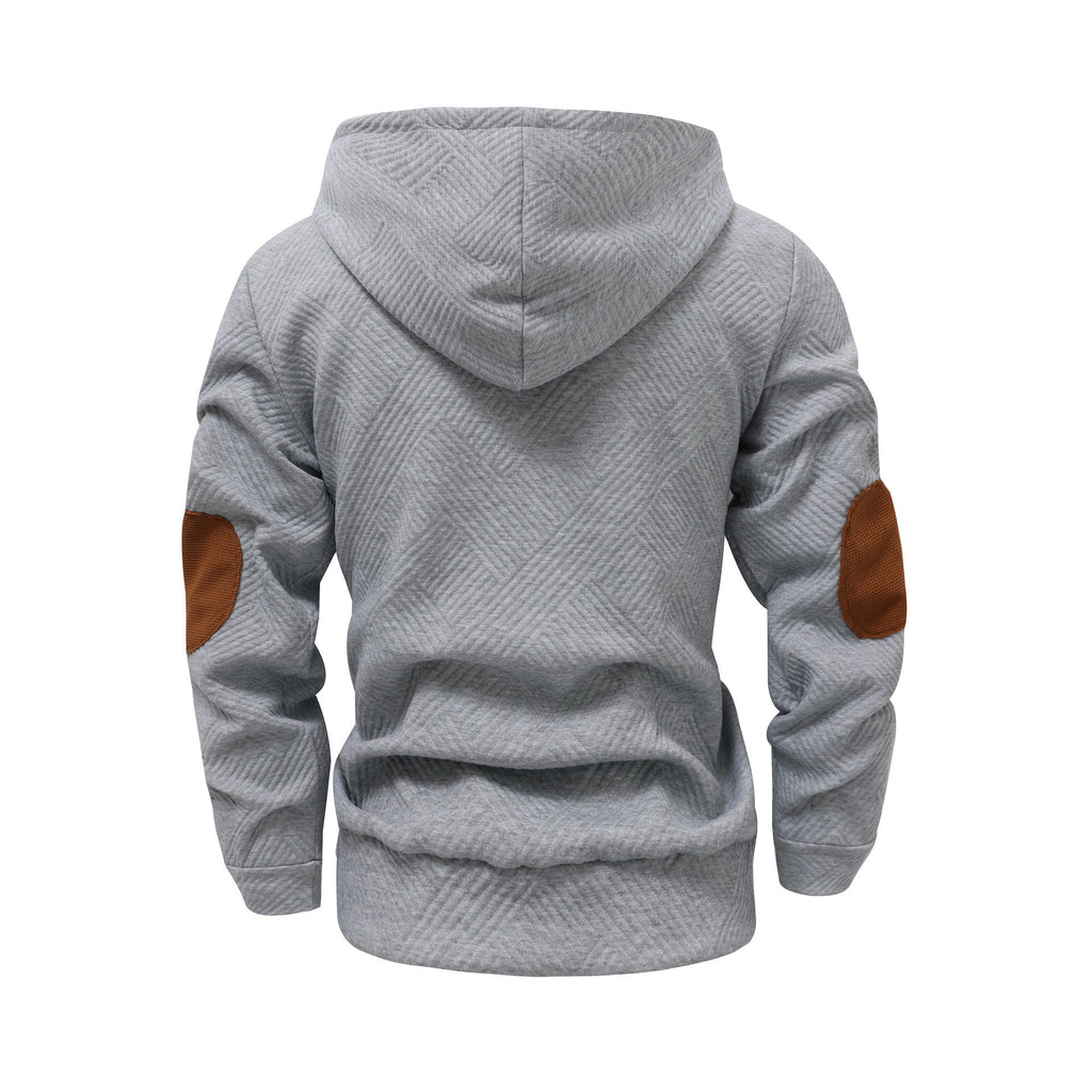 Gray button-placket hoodie with elbow patches, back view
