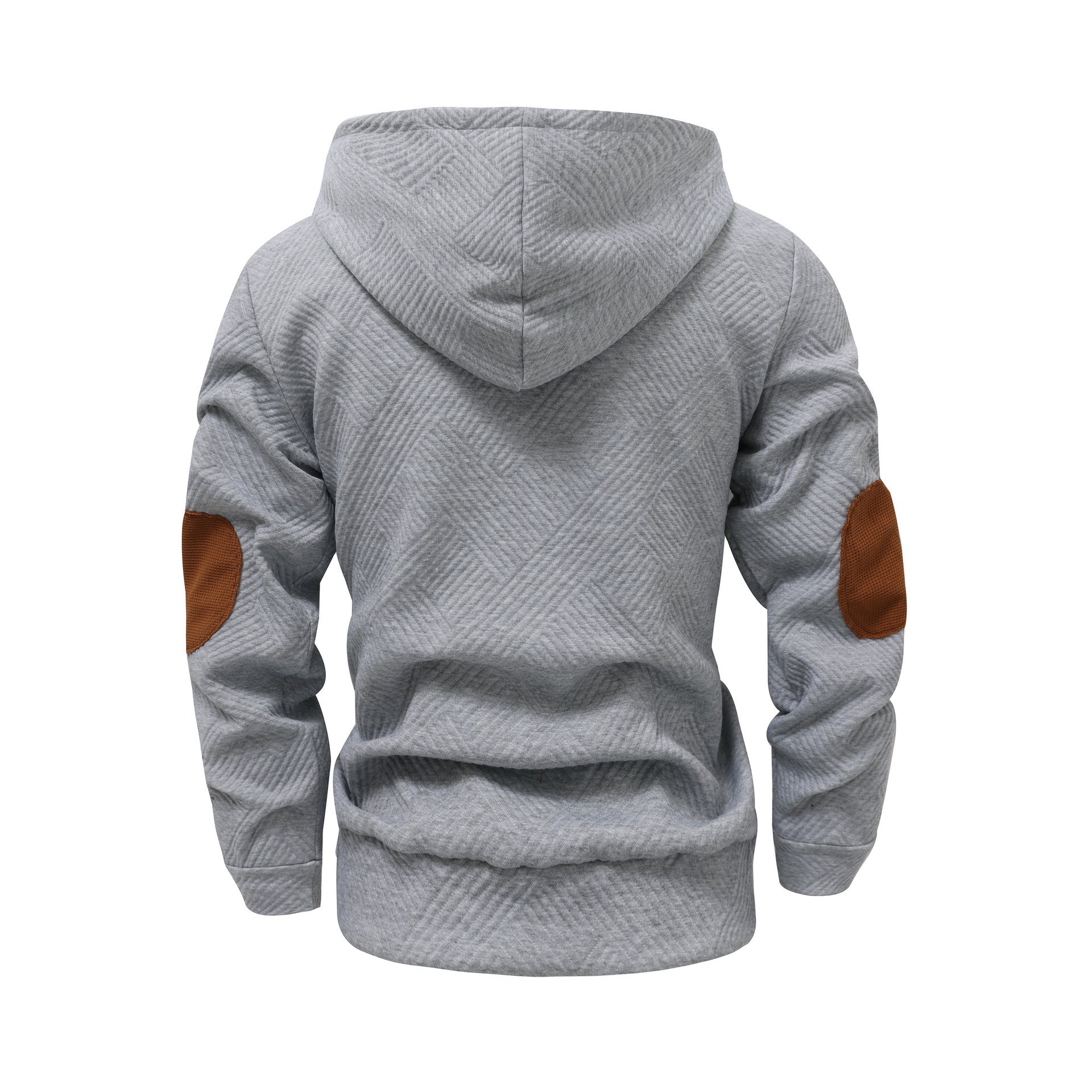 Gray button-placket hoodie with elbow patches, back view