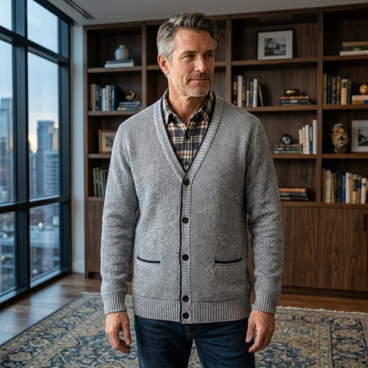 Roderick Knitted Fleece-Lined Cardigan – V-Neck Button-Up Ribbed Knitwear