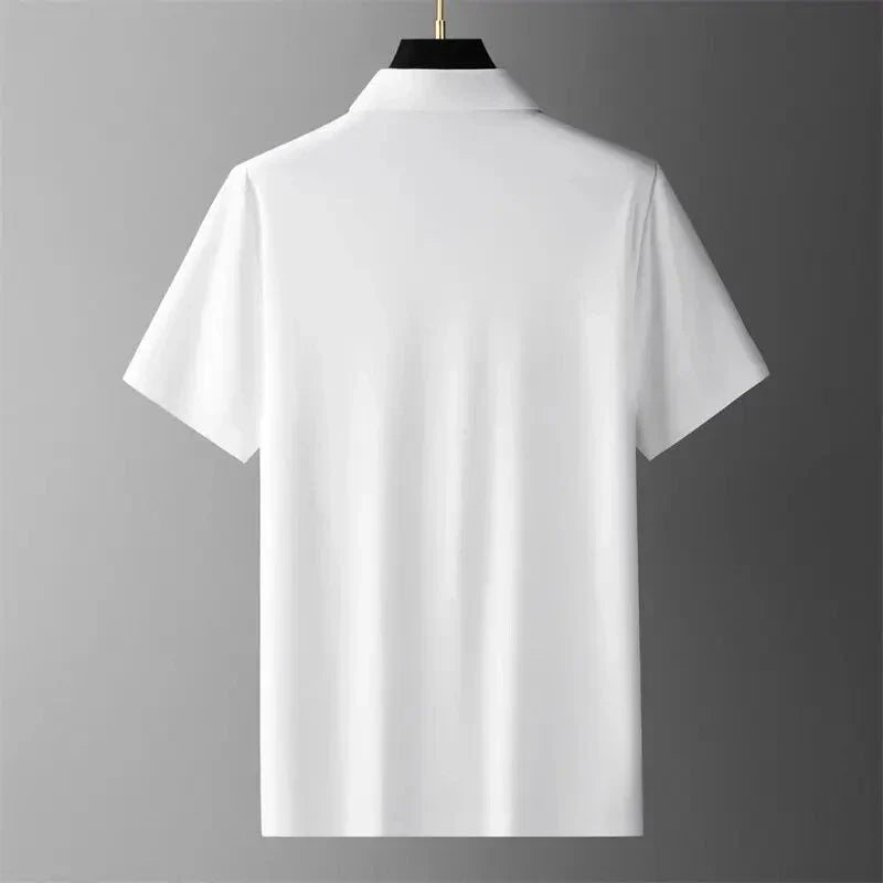 Back view of a men's white short-sleeve polo shirt with a clean, minimalist design.