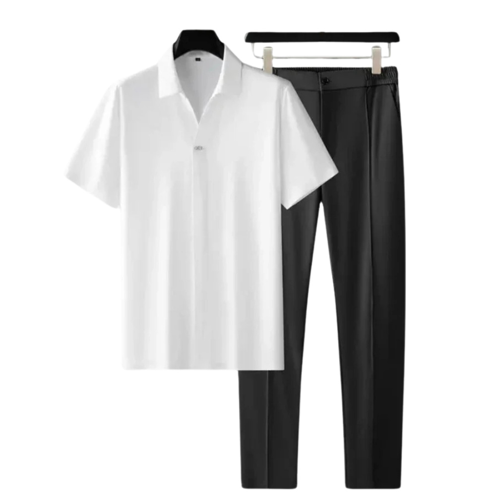 Men's white polo shirt and black pants coordinated as a versatile smart casual outfit set.