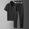 Men's charcoal short-sleeve polo shirt paired with black straight-leg pants in a matching outfit set.