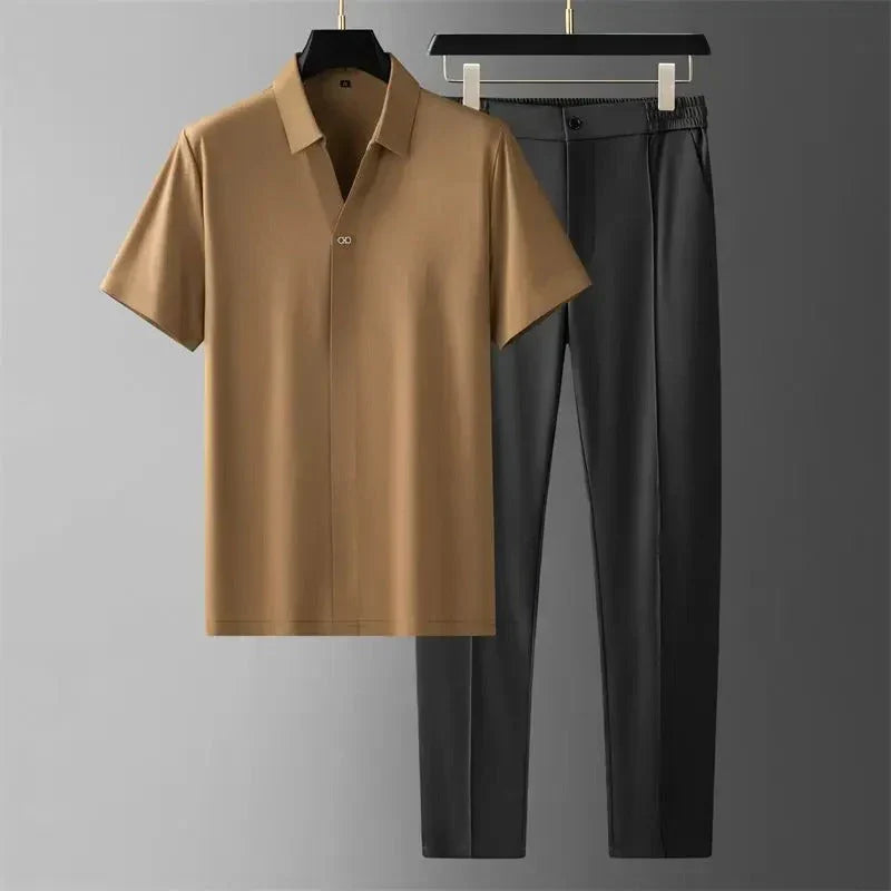 Men's khaki short-sleeve polo shirt with black straight-leg pants displayed as a casual outfit set.
