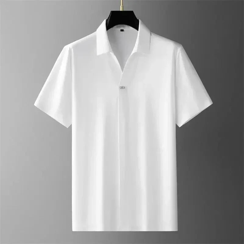 Men's white short-sleeve polo shirt with a classic collar displayed on a hanger.