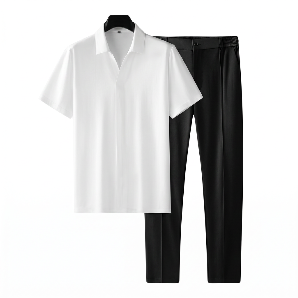 Men's white short-sleeve polo shirt paired with black straight-leg pants displayed as a matching casual outfit.
