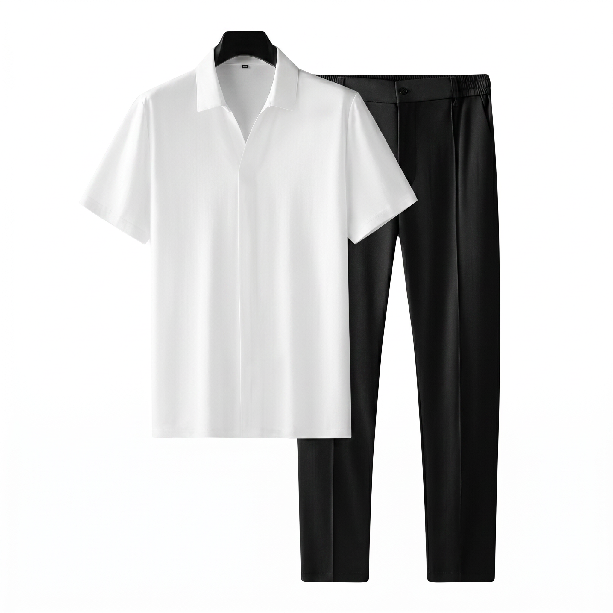 Men's white short-sleeve polo shirt paired with black straight-leg pants displayed as a matching casual outfit.