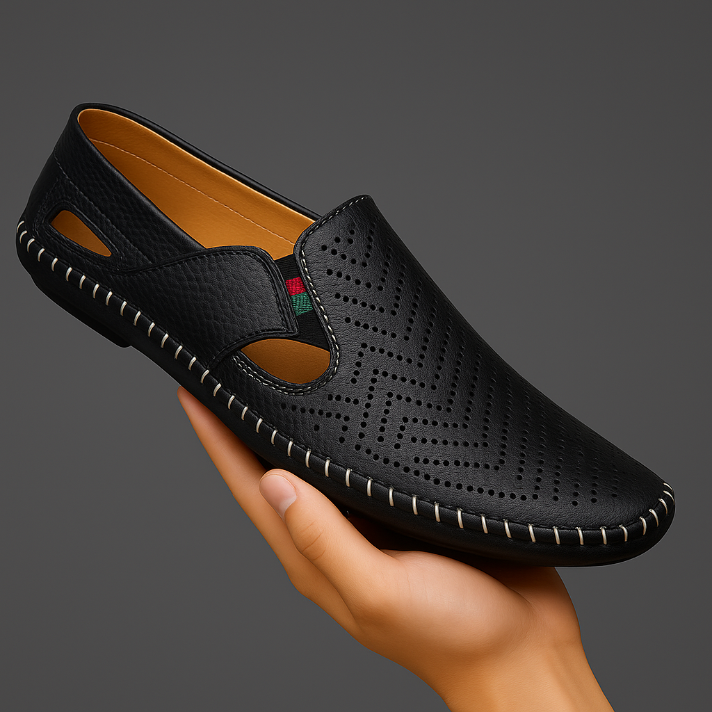 Hand holding a black perforated leather slip-on sandal with a diamond-pattern texture and hand-stitched trim.
