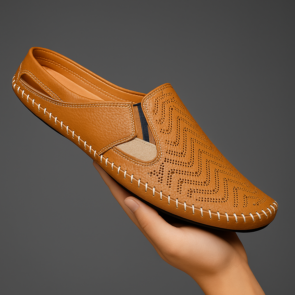 Hand holding a brown perforated leather slip-on sandal with a wave-pattern texture and hand-stitched trim.