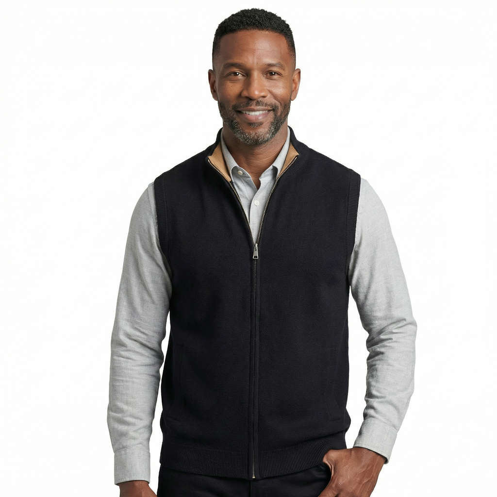 Man wearing a black knit zip-up sweater vest featuring a stand collar, sleeveless design, and front zipper over a white dress shirt.