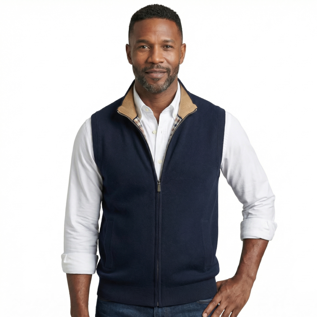 Man wearing a navy knit zip-up sweater vest with a stand collar, front zipper, and sleeveless design layered over a white dress shirt.