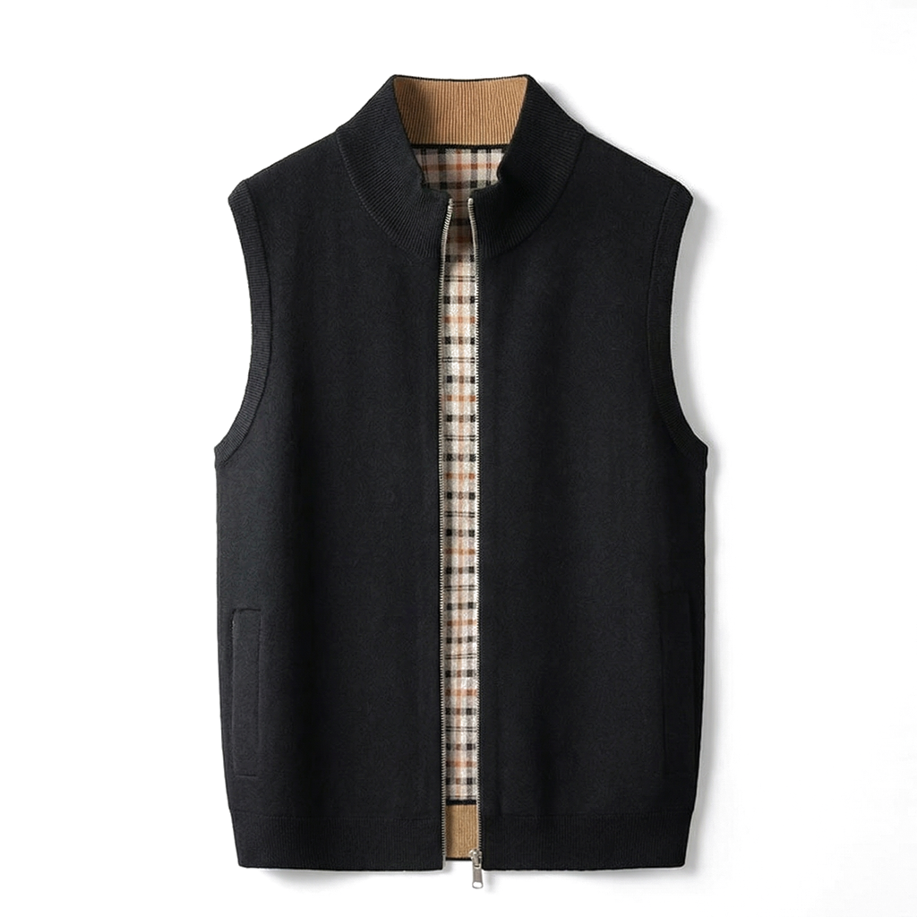 Men's black knit zip-up sweater vest with a stand collar, sleeveless design, front zipper, and plaid interior lining.