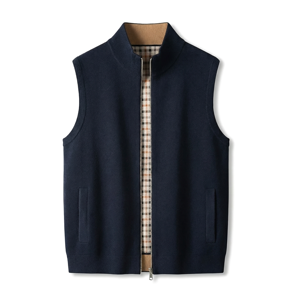 Men's navy knit zip-up sweater vest featuring a stand collar, sleeveless design, front zipper, and plaid interior lining.