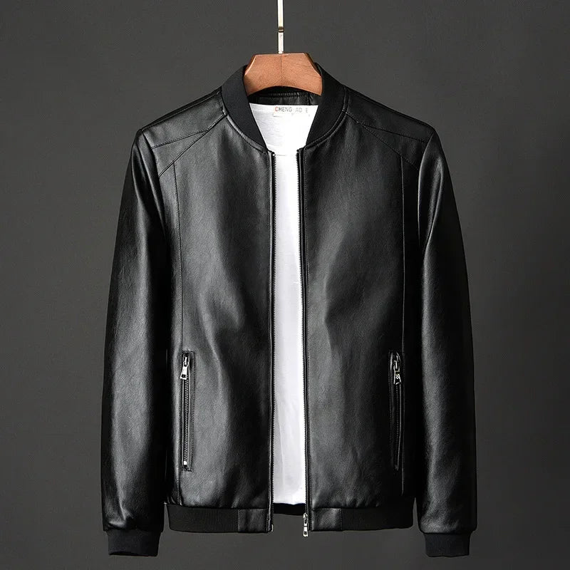 Black leather bomber jacket with a full-zip front, ribbed collar, ribbed cuffs, and zippered side pockets displayed on a hanger.