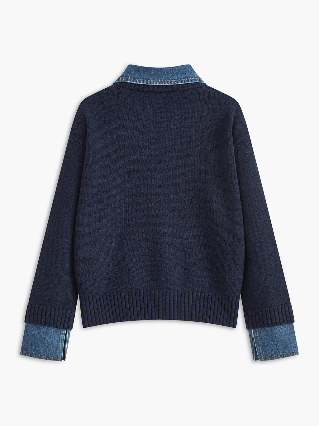 Back view of a navy knit sweater with a denim collar and denim sleeve cuffs displayed on a white background.