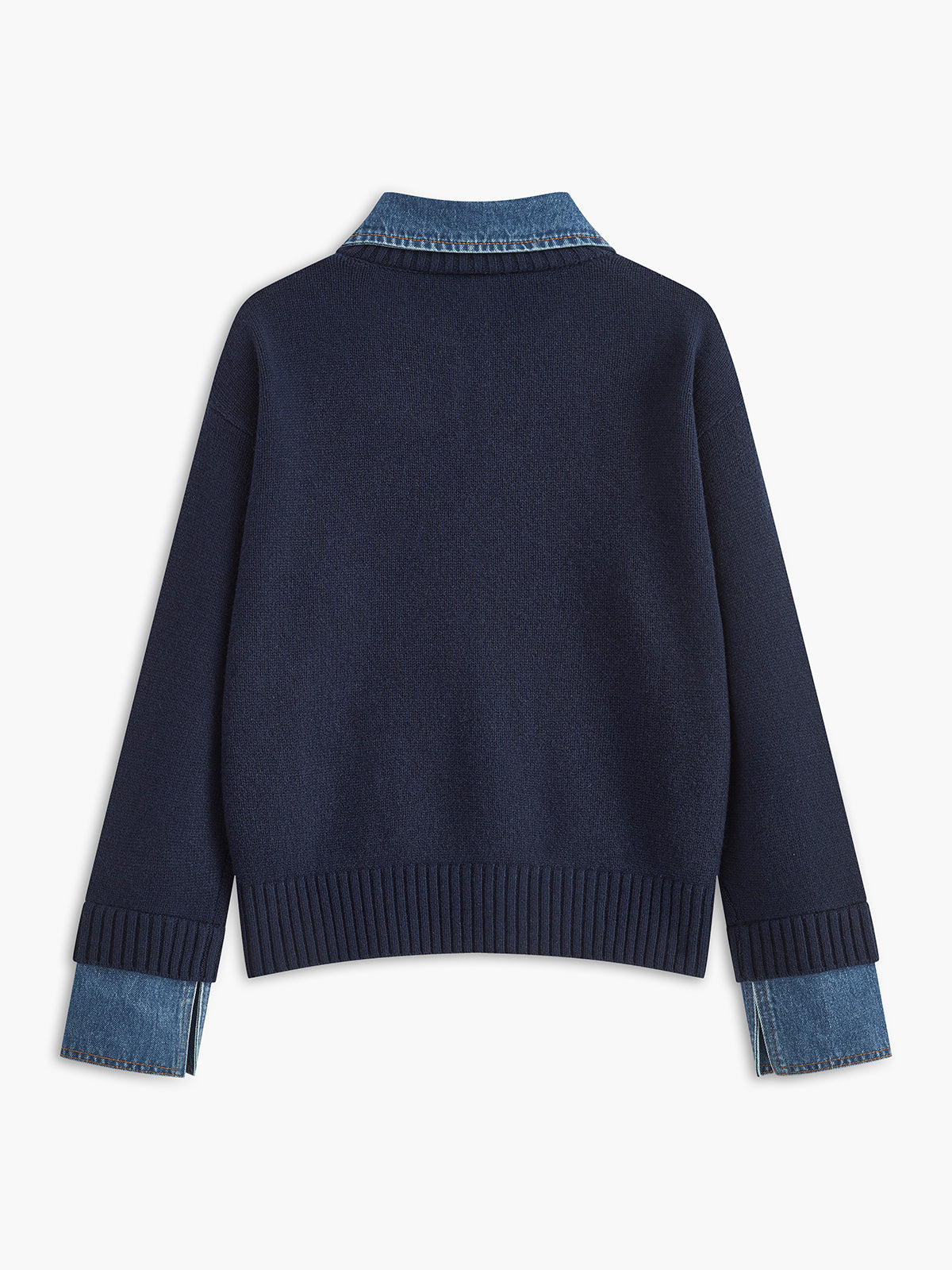 Back view of a navy knit sweater with a denim collar and denim sleeve cuffs displayed on a white background.