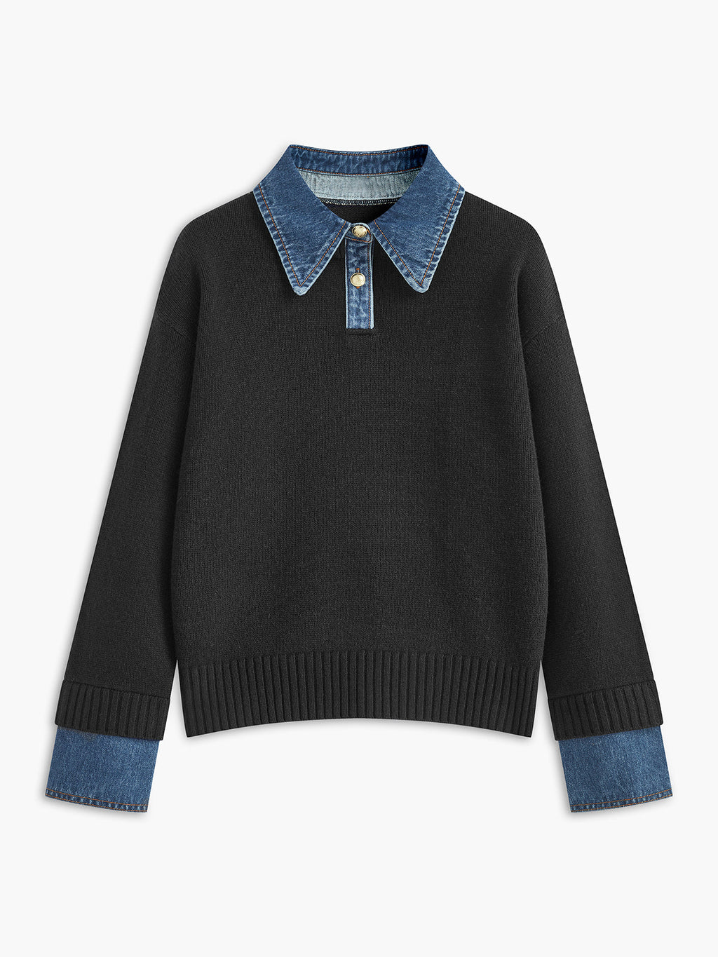 Black knit sweater featuring a denim shirt collar, denim cuffs, long sleeves, and ribbed hem displayed on a white background.