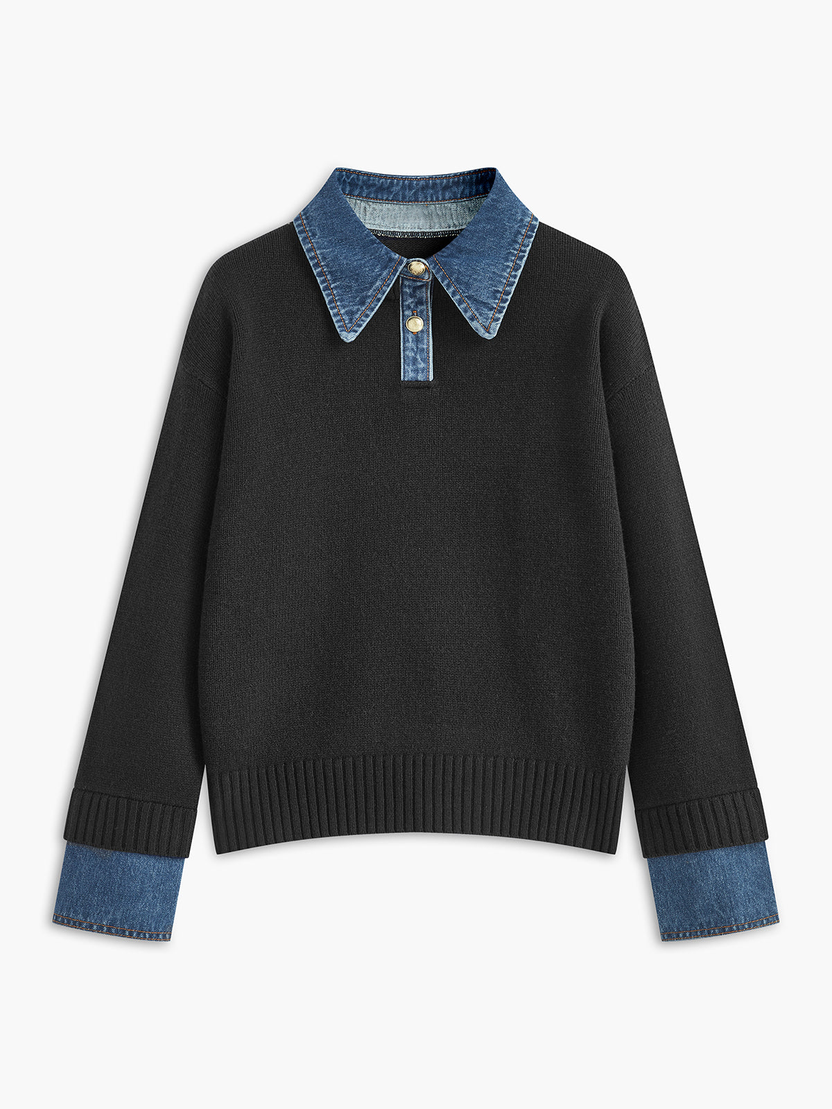 Black knit sweater featuring a denim shirt collar, denim cuffs, long sleeves, and ribbed hem displayed on a white background.