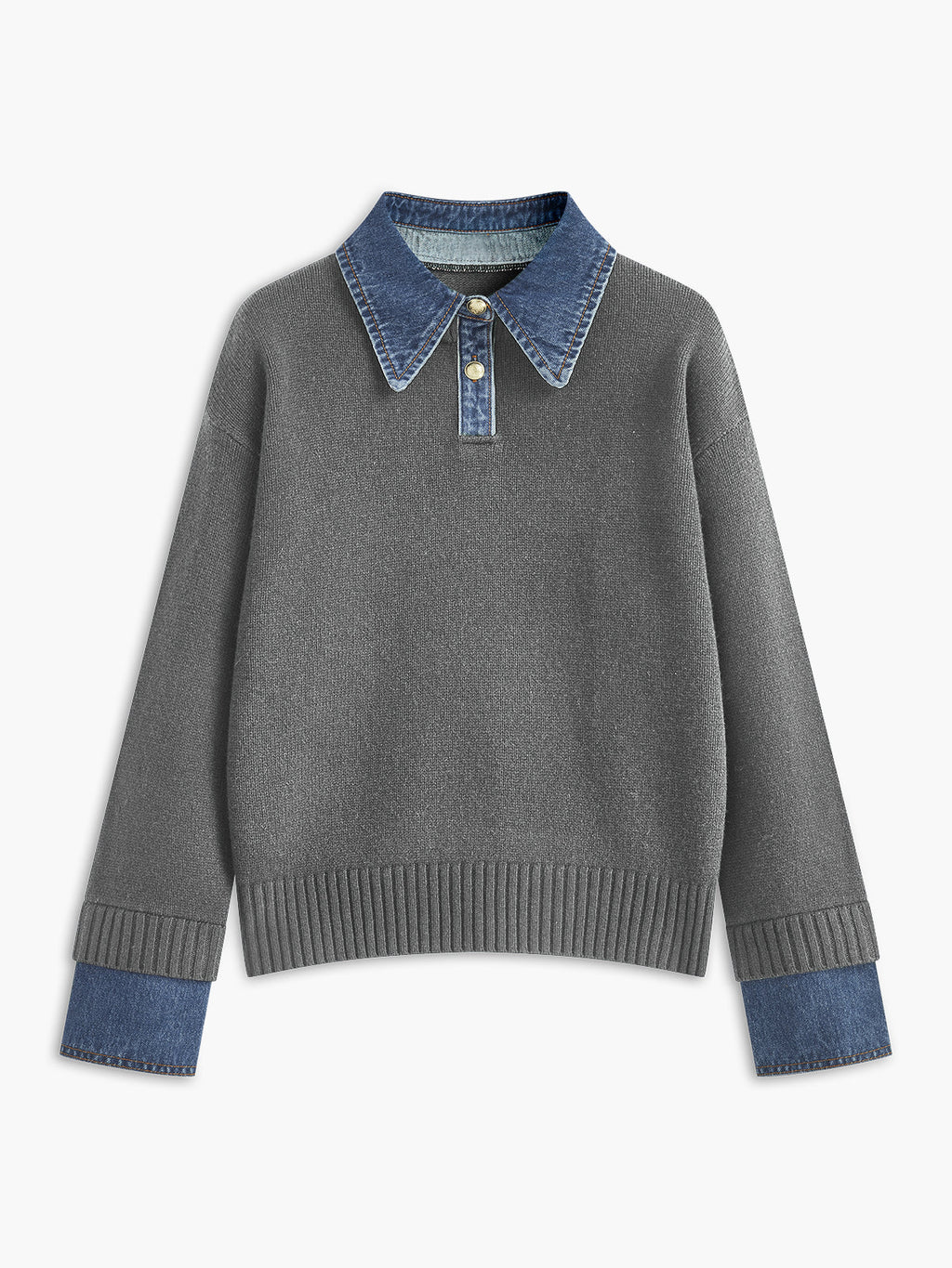 Gray knit sweater with a denim shirt collar, denim sleeve cuffs, and ribbed hem displayed on a white background.