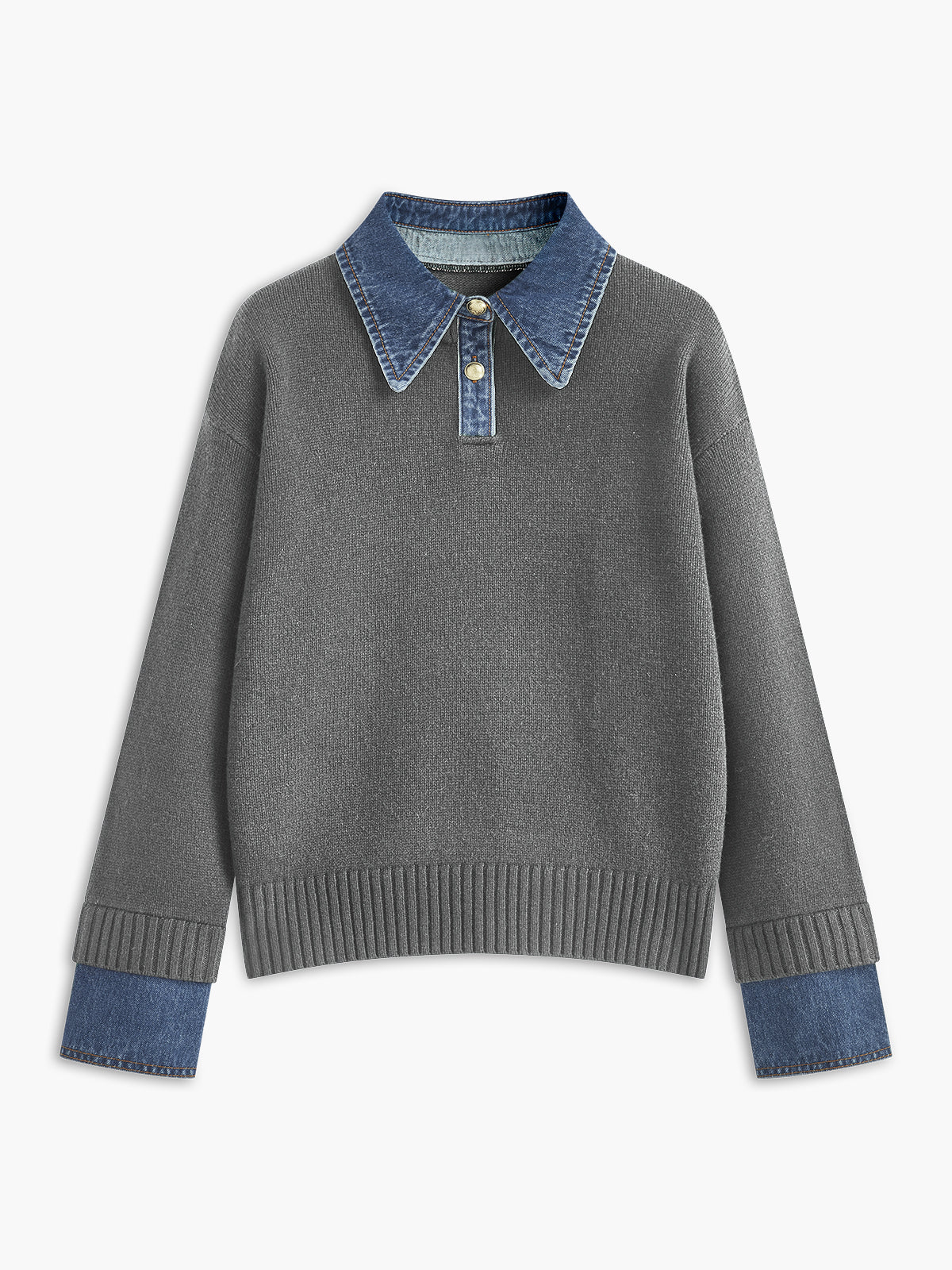 Gray knit sweater with a denim shirt collar, denim sleeve cuffs, and ribbed hem displayed on a white background.