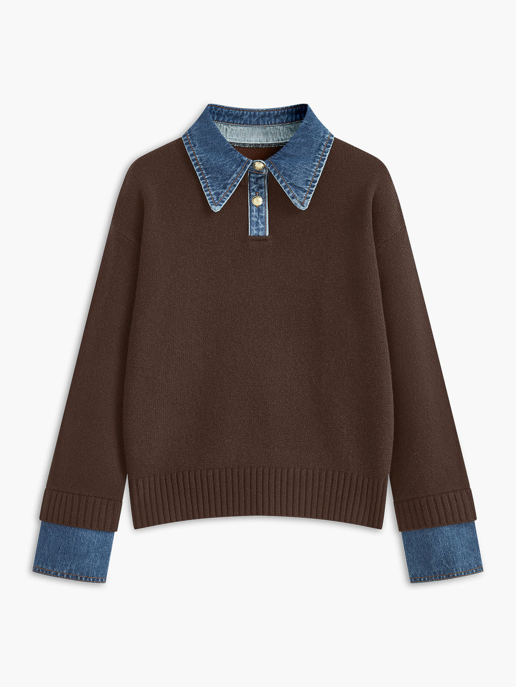 Brown knit sweater featuring a denim shirt collar, denim cuffs, long sleeves, and ribbed hem on a white background.