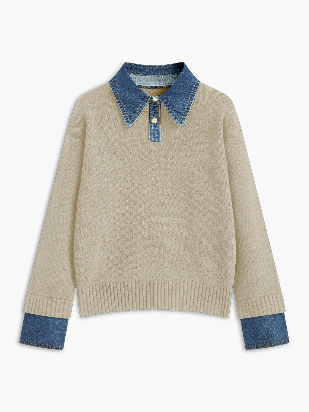 Cream knit sweater with a denim shirt collar, denim sleeve cuffs, long sleeves, and ribbed hem displayed on a white background.