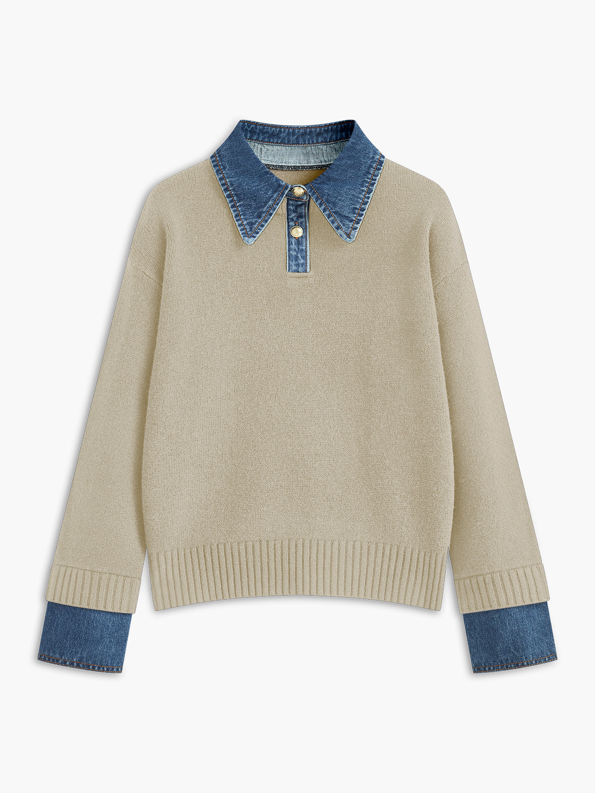 Cream knit sweater with a denim shirt collar, denim sleeve cuffs, long sleeves, and ribbed hem displayed on a white background.