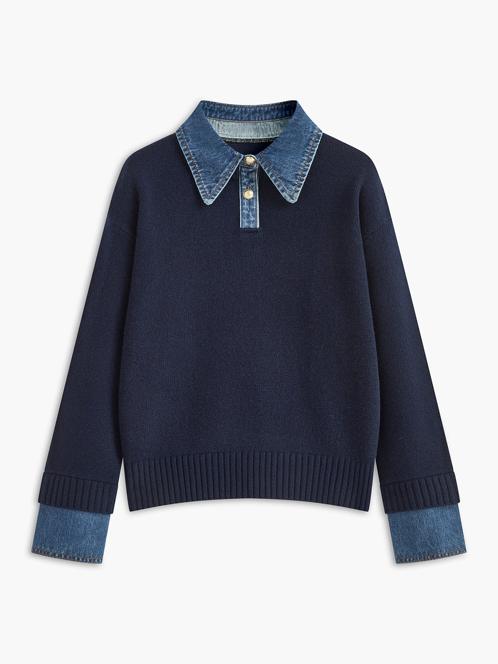 Navy knit sweater with a denim shirt collar and cuffs, long sleeves, and ribbed hem displayed on a white background.