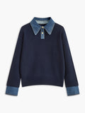 Navy knit sweater with a denim shirt collar and cuffs, long sleeves, and ribbed hem displayed on a white background.