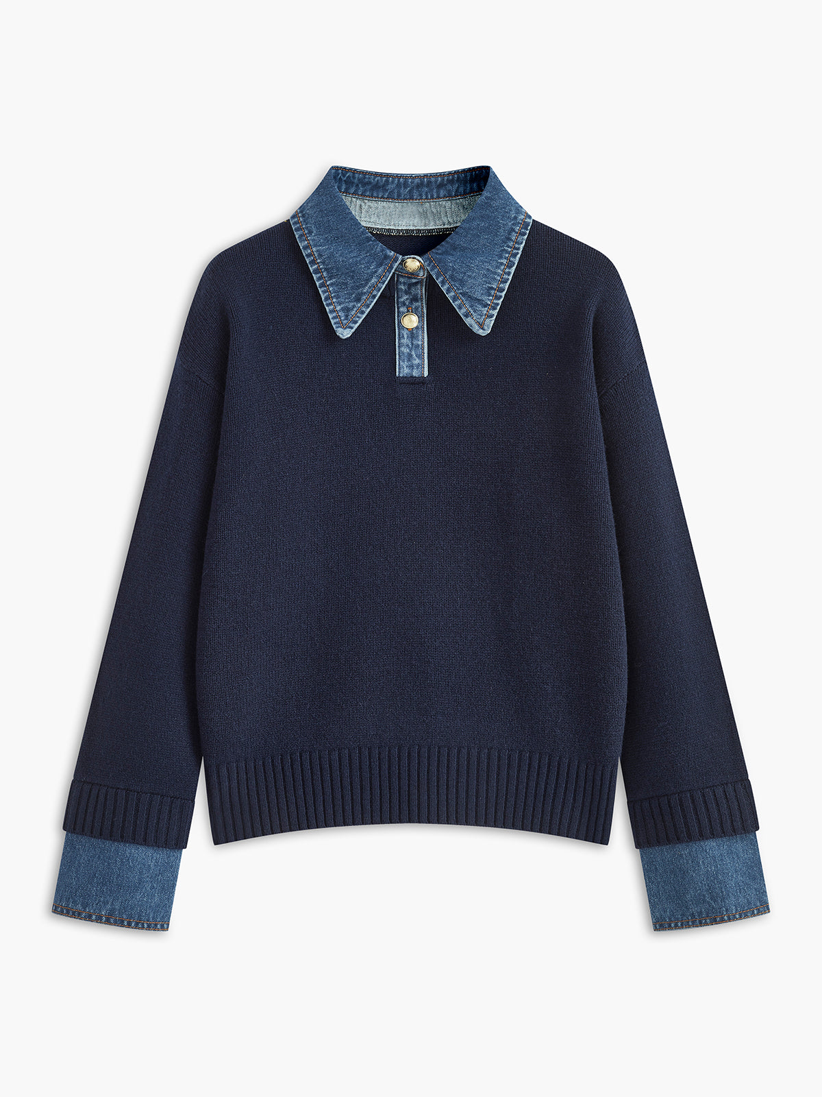 Navy knit sweater with a denim shirt collar and cuffs, long sleeves, and ribbed hem displayed on a white background.