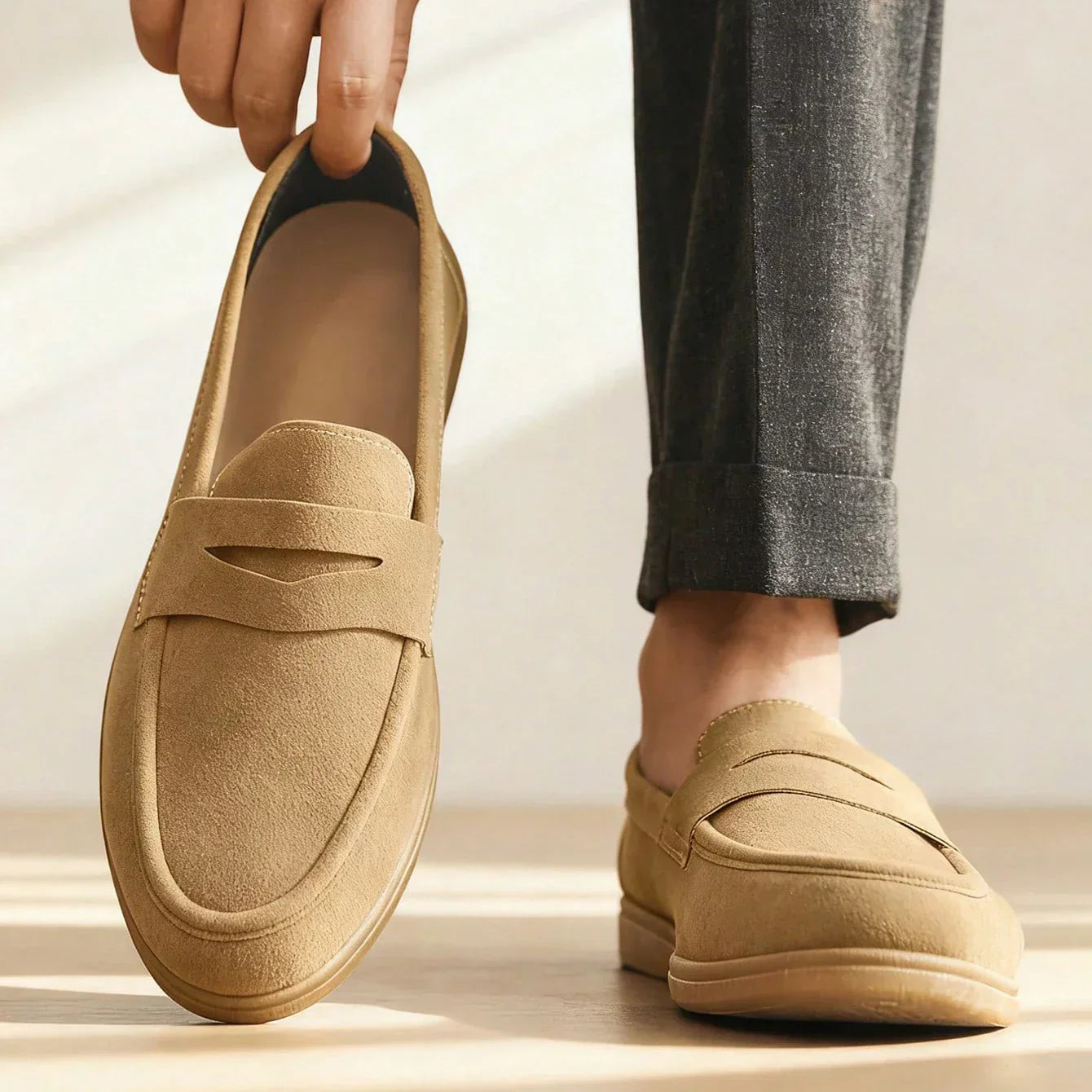 A seated person holds up one tan suede loafer while wearing the other, cuffed gray trousers visible, soft side lighting.