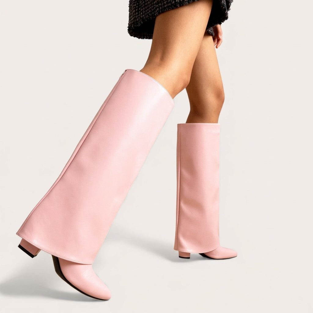 Selene Leather Knee-High Boots – Fold-Over Cuff Pointed-Toe Block Heel Footwear