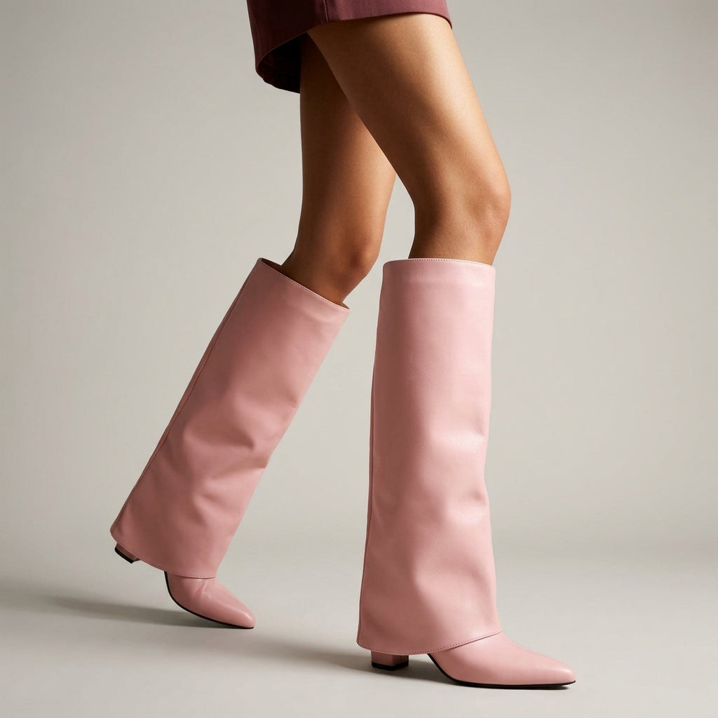 Selene Leather Knee-High Boots – Fold-Over Cuff Pointed-Toe Block Heel Footwear