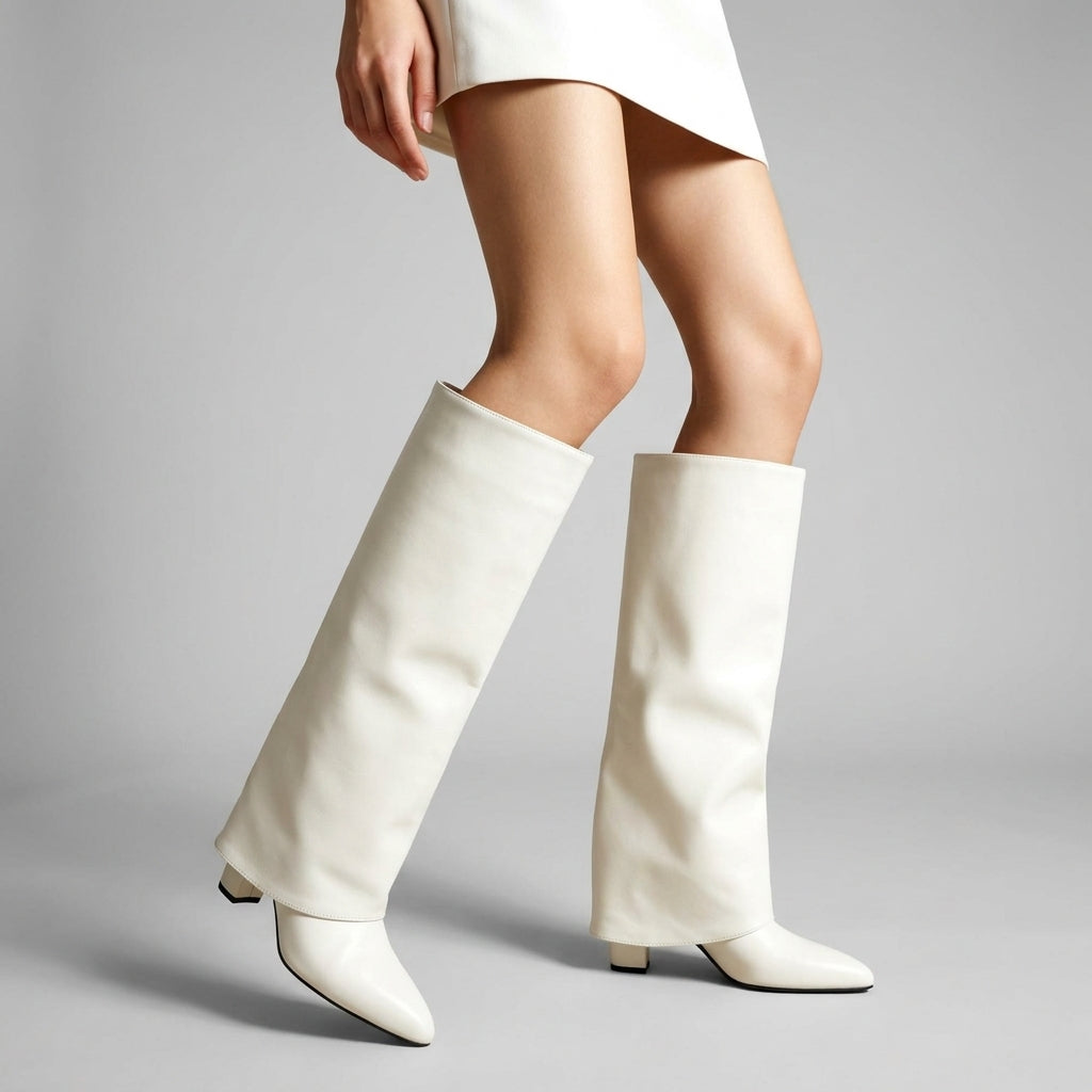 Selene Leather Knee-High Boots – Fold-Over Cuff Pointed-Toe Block Heel Footwear