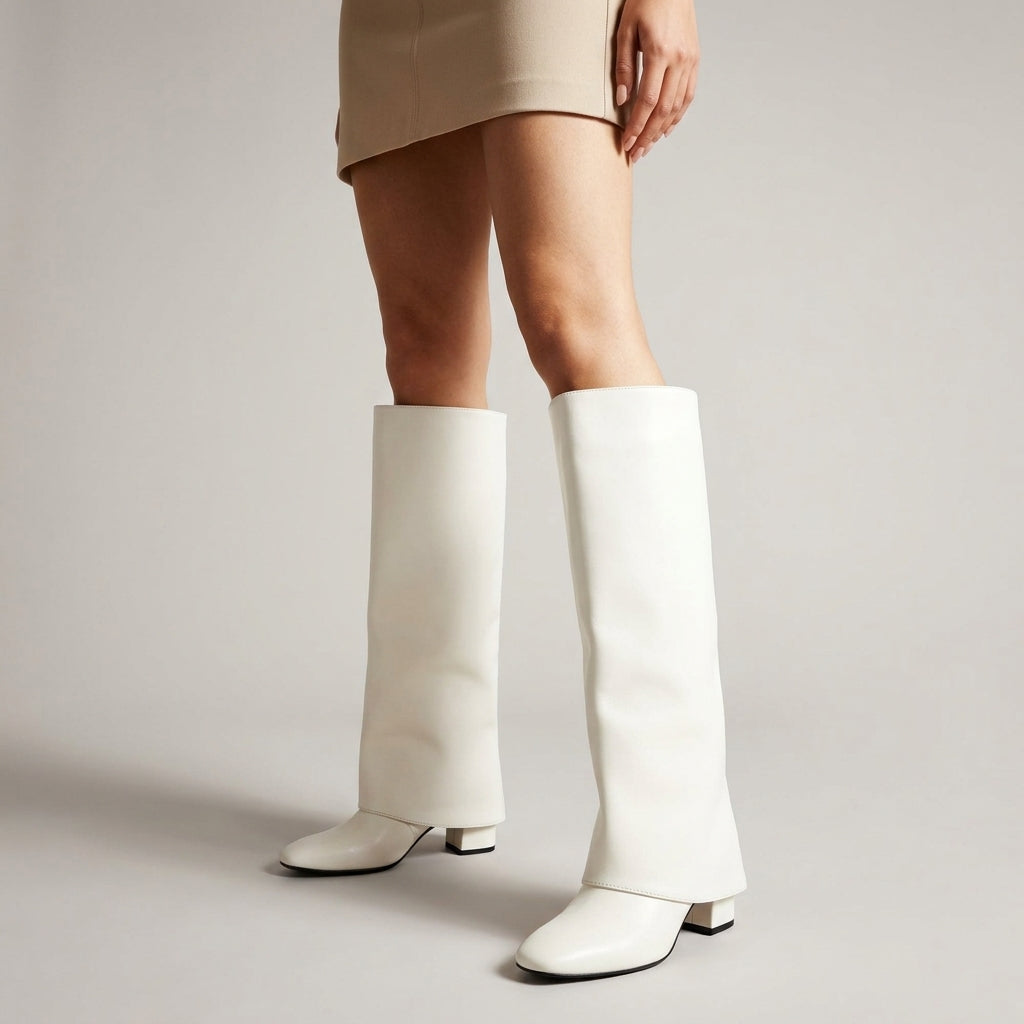 Selene Leather Knee-High Boots – Fold-Over Cuff Pointed-Toe Block Heel Footwear