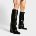 Selene Leather Knee-High Boots – Fold-Over Cuff Pointed-Toe Block Heel Footwear