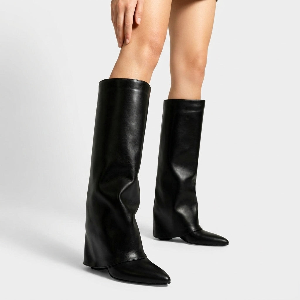 Selene Leather Knee-High Boots – Fold-Over Cuff Pointed-Toe Block Heel Footwear