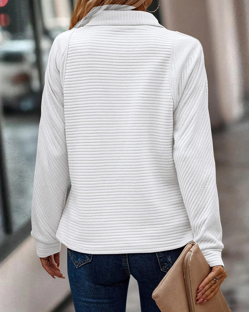 Selene Ribbed Knit Quarter-Zip Sweater– Corduroy Texture Mock Neck Pullover