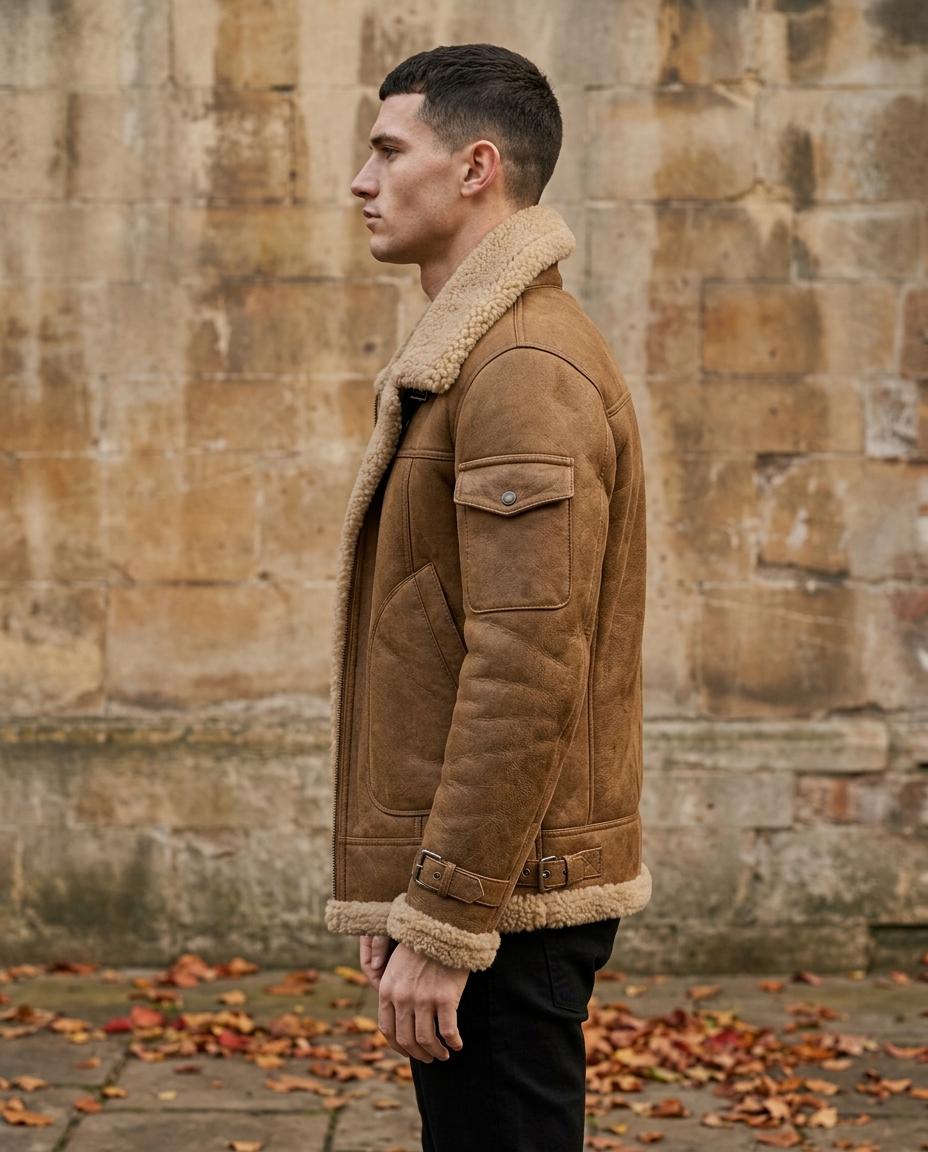 Brown shearling leather jacket with a plush lining, lapel collar, and utility pockets, worn in a structured, tailored fit.