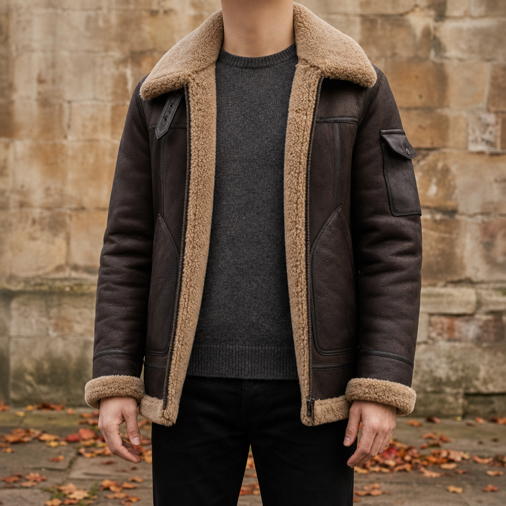 Dark brown leather shearling jacket with a plush tan lining, lapel collar, and utility pockets worn over a grey sweater.