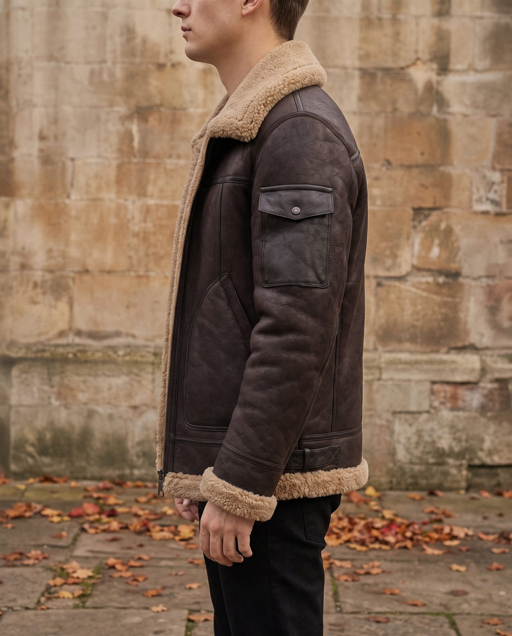 Dark brown leather shearling jacket with plush lining, lapel collar, and utility sleeve pocket worn in a structured fit.