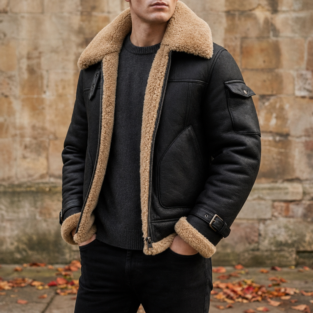 Black leather jacket with plush tan shearling lining, lapel collar, and utility pockets, worn over a dark sweater.