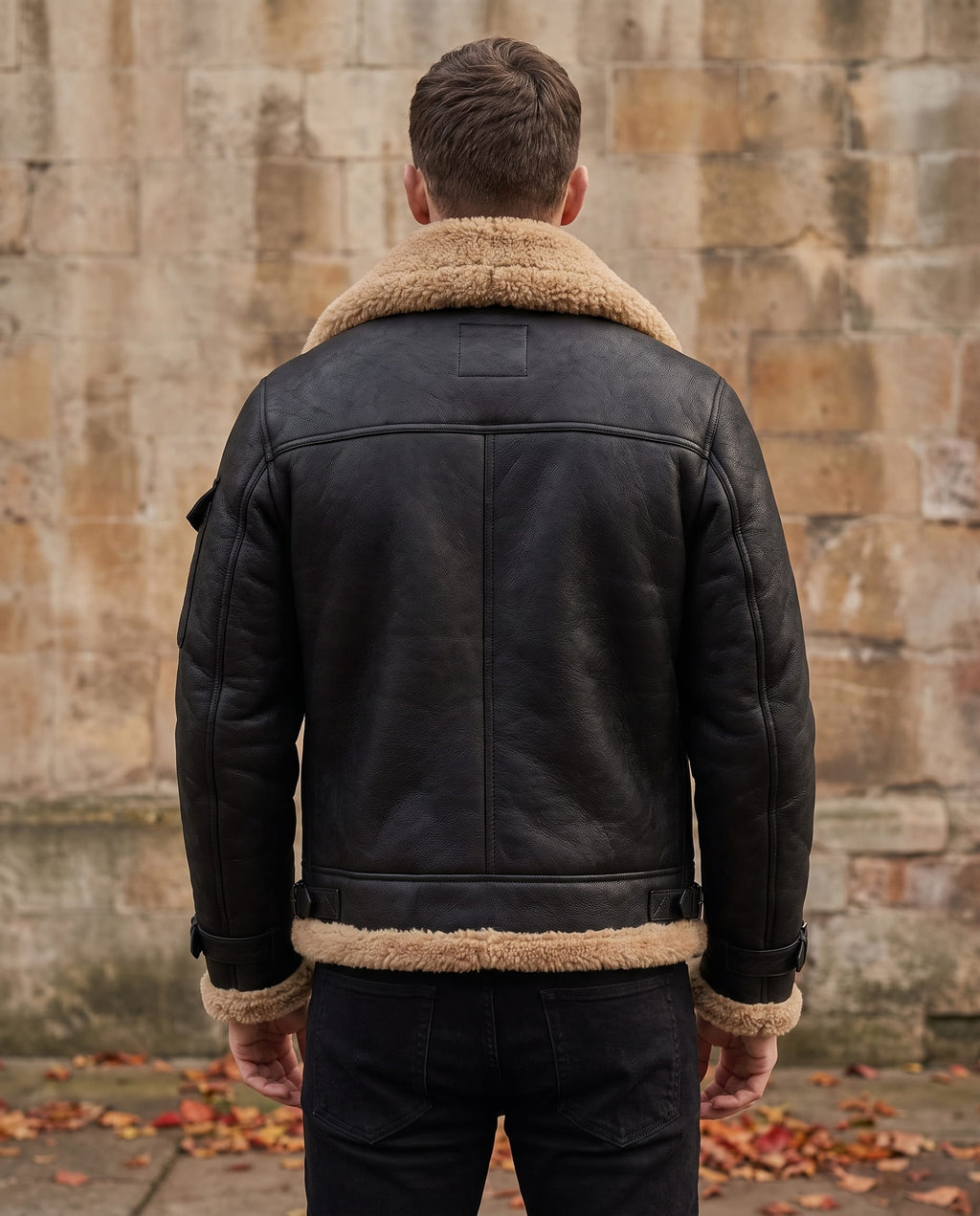 Dark brown leather jacket with plush shearling lining, lapel collar, and structured fit worn against a stone wall.